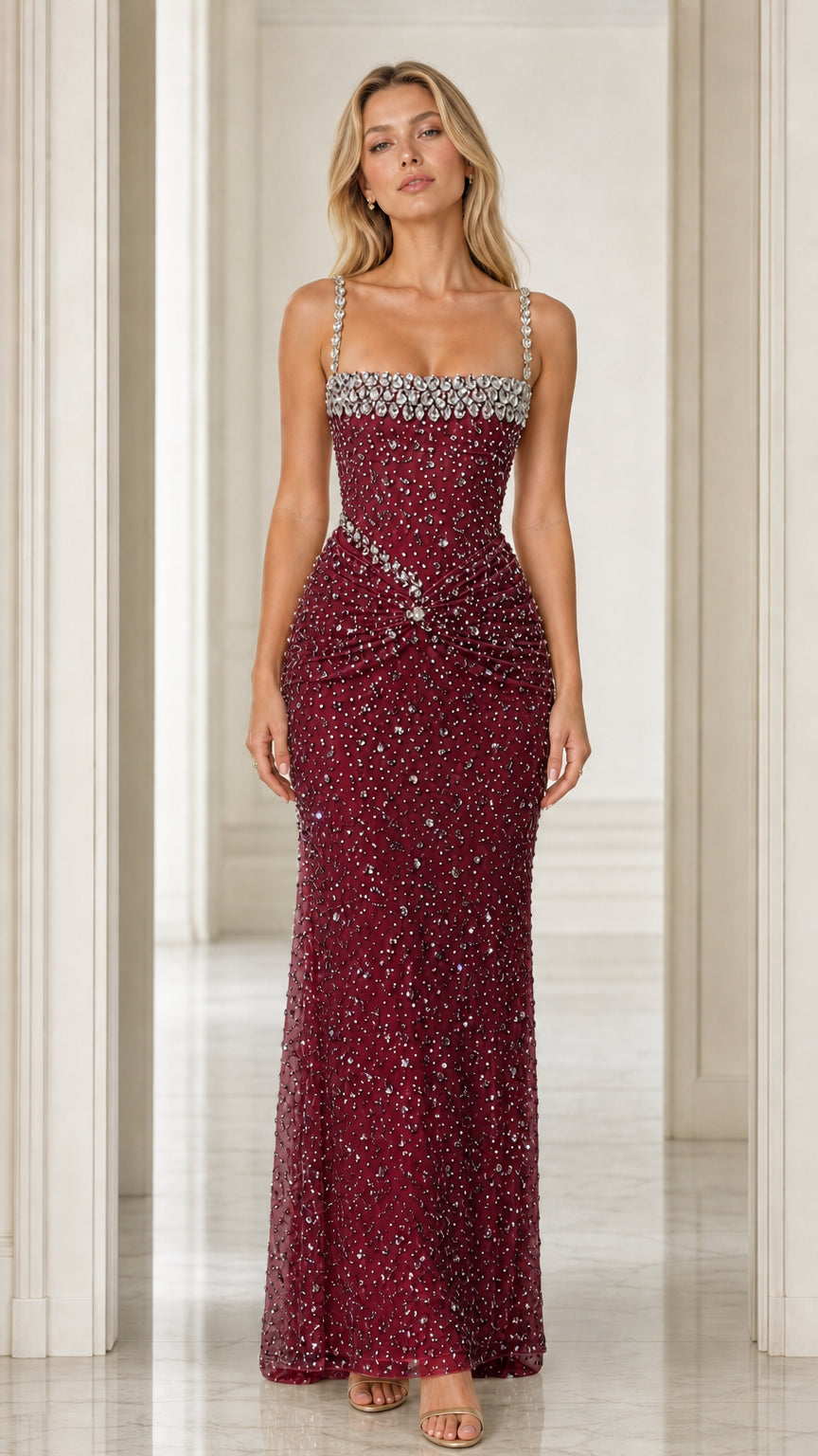Front view of Burgundy embellished floor-length formal evening gown