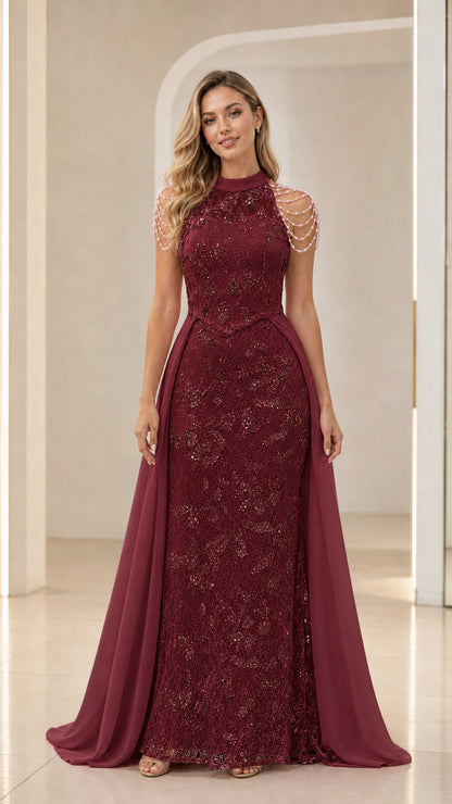 Burgundy high neck lace evening gown with pearl strands and sweeping chiffon train