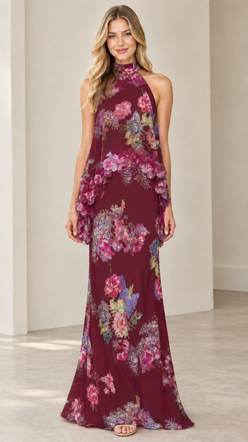 Model wearing Burgundy floral tiered halter maxi dress