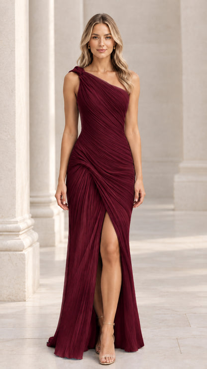 Front view of burgundy one-shoulder pleated floor-length dress