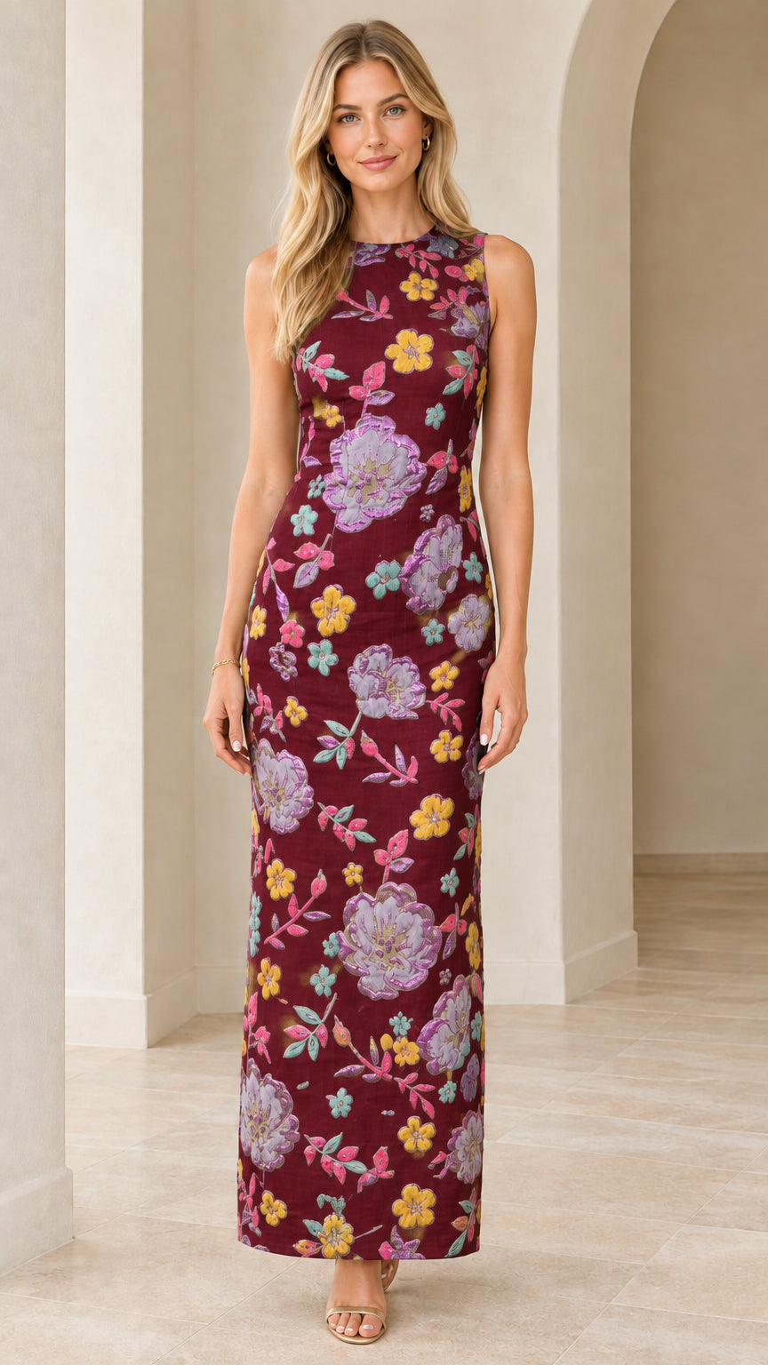 Front view of woman wearing burgundy floral embroidered sleeveless column maxi dress