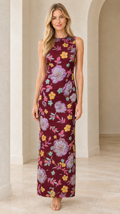 Front view of woman wearing burgundy floral embroidered sleeveless column maxi dress