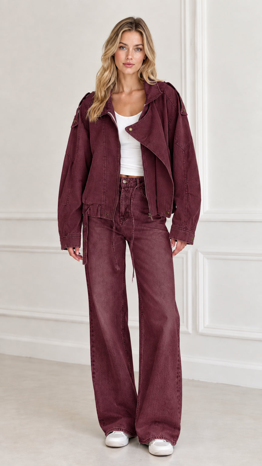 Model wearing Burgundy utility moto jacket paired with matching wide-leg trousers
