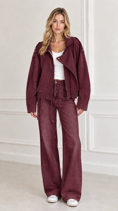 Model wearing Burgundy utility moto jacket paired with matching wide-leg trousers