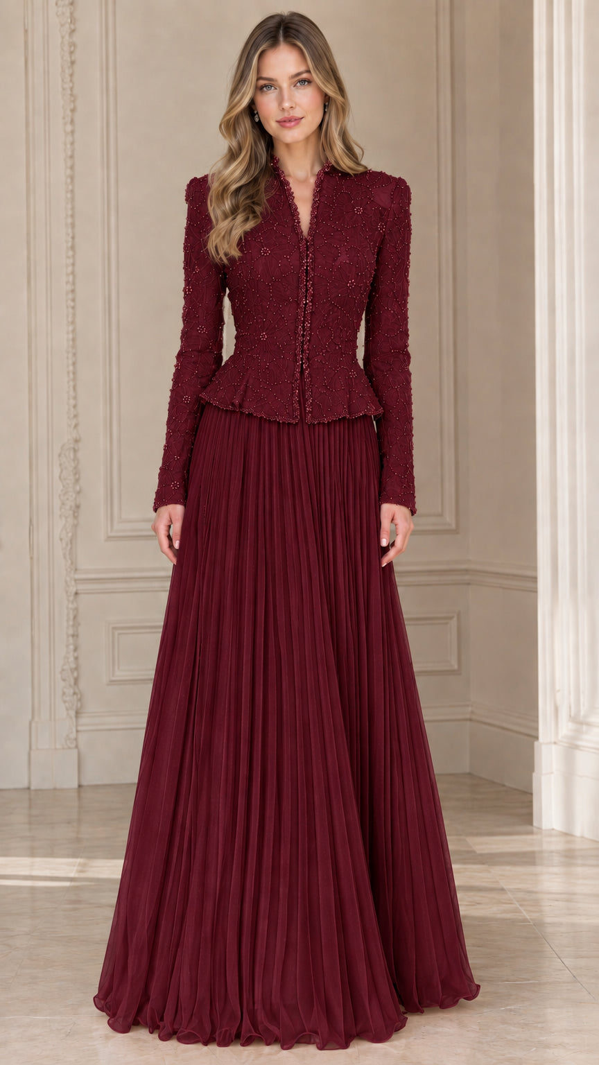 Burgundy wine red embellished peplum jacket and pleated maxi skirt evening set