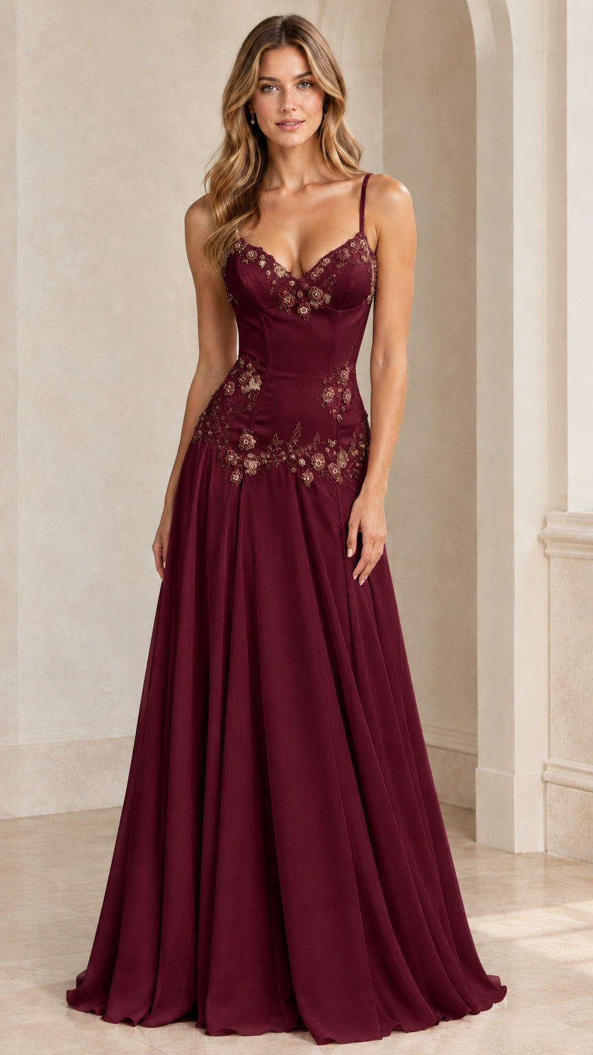 Model wearing burgundy red formal evening gown with beaded corset bodice and flowy skirt