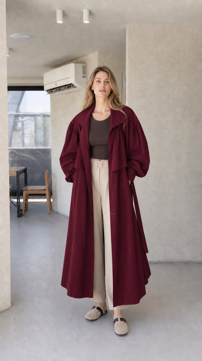 Model wearing deep burgundy wine oversized maxi duster trench coat