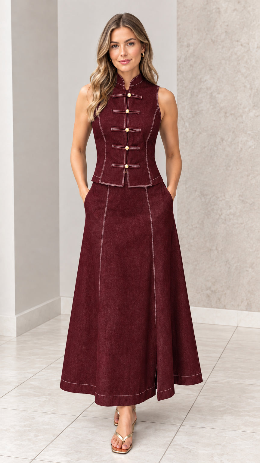 Front full-length view of woman wearing burgundy wine red mandarin collar vest and maxi skirt set