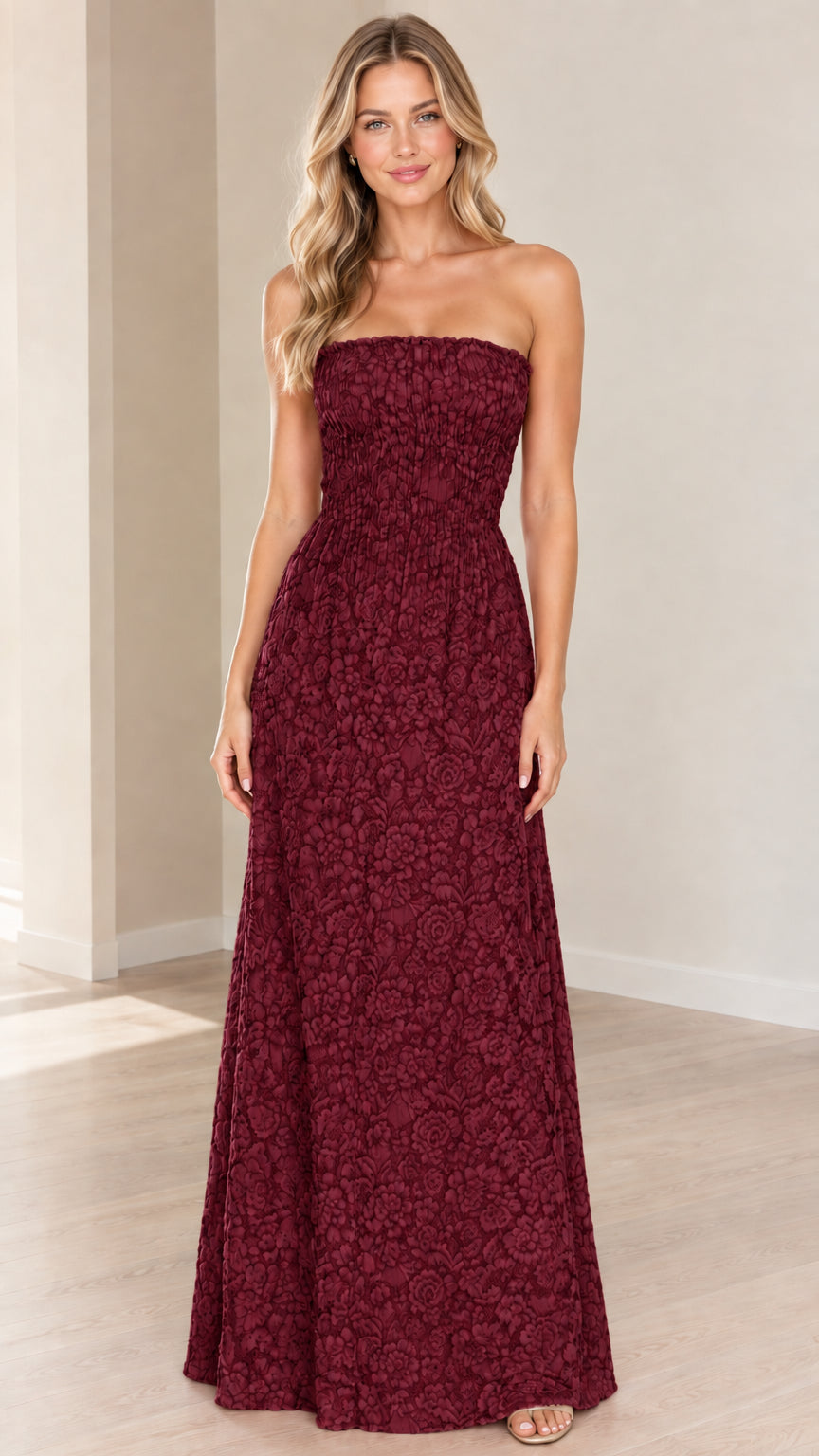 Front view of burgundy red strapless floral textured maxi dress