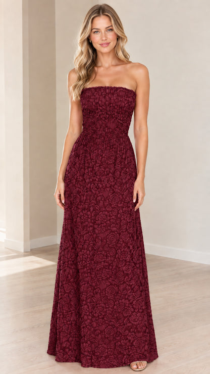 Front view of burgundy red strapless floral textured maxi dress
