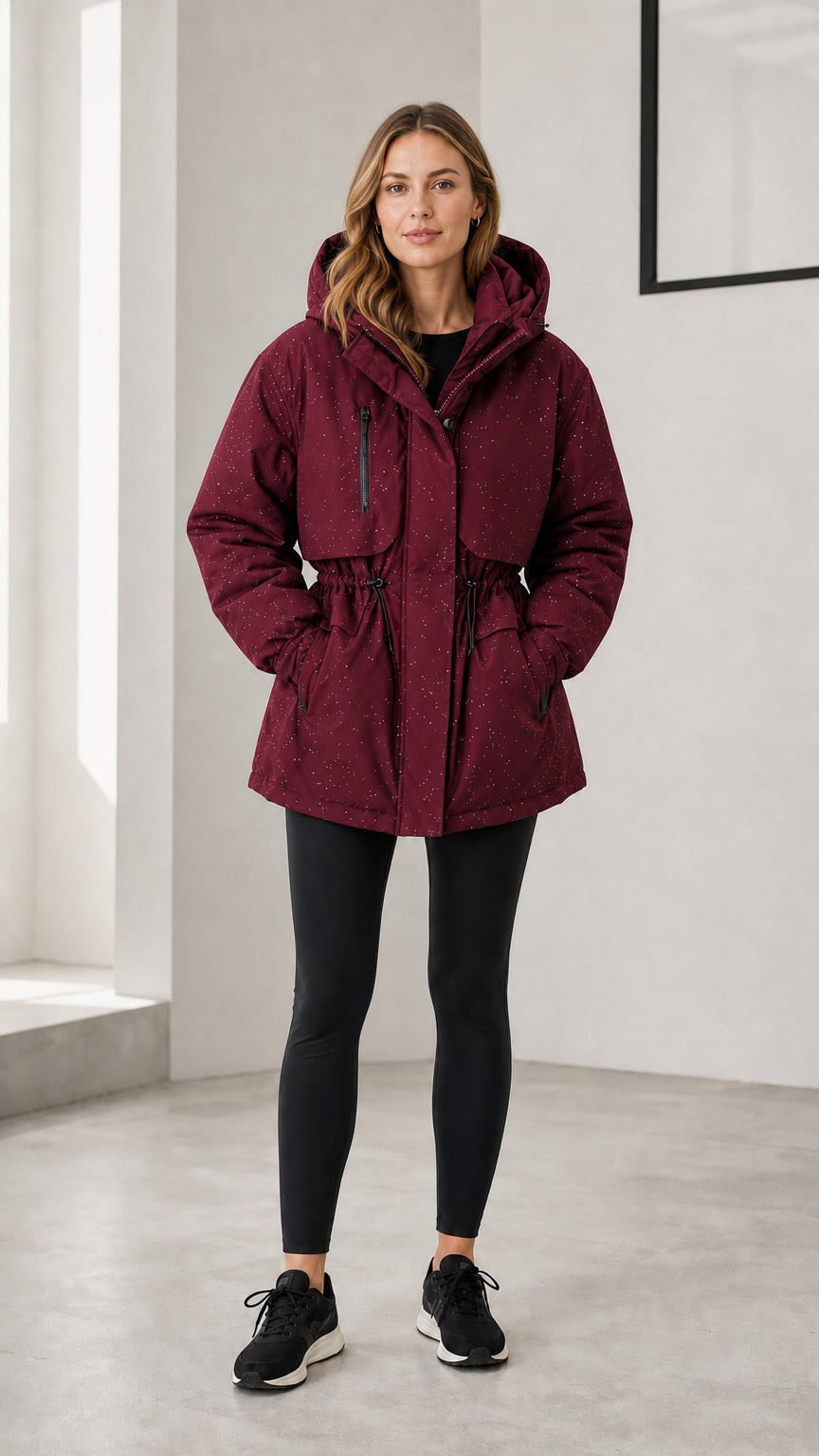 Model wearing burgundy red hooded drawstring waist winter parka