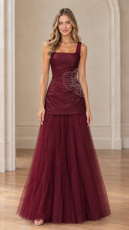 Burgundy wine square neck drop-waist tulle maxi evening dress