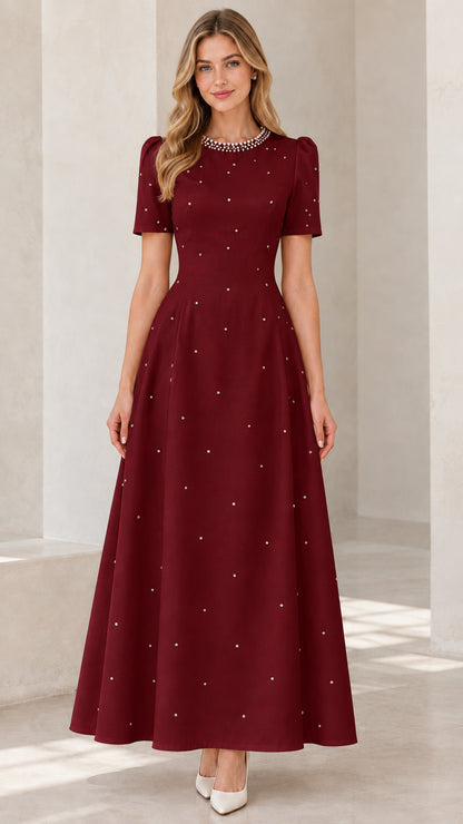 Front view of burgundy wine red pearl-embellished short sleeve A-line maxi dress