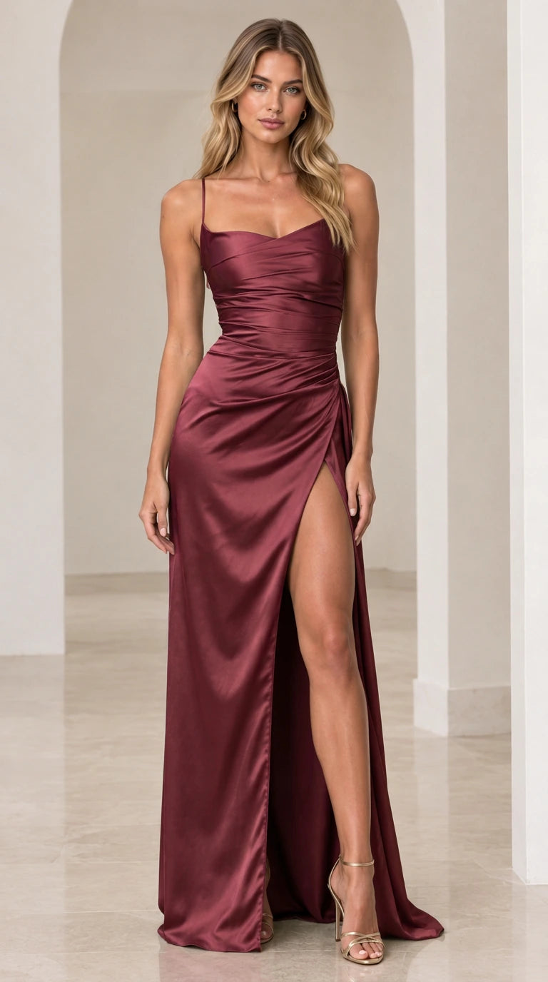 Burgundy wine red satin formal maxi gown with spaghetti straps and slit