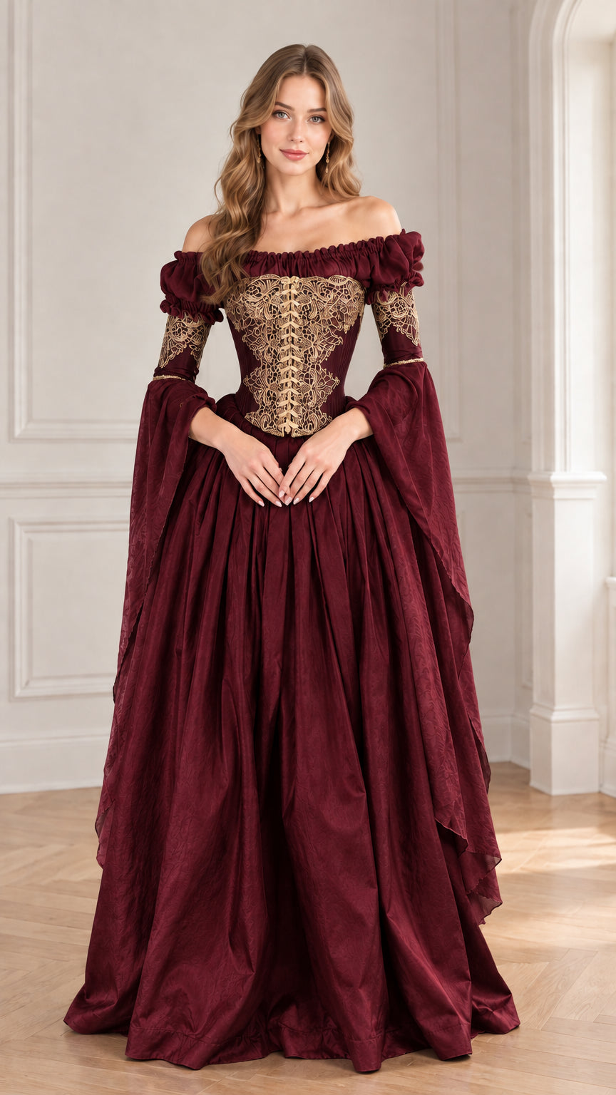 Front view of woman wearing burgundy wine red Renaissance corset maxi dress