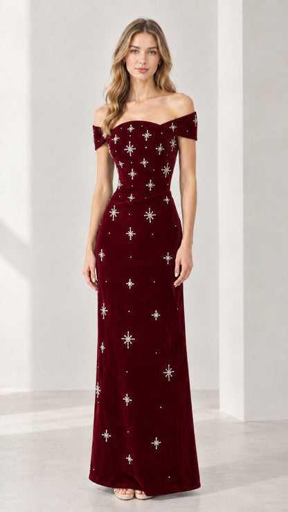 Burgundy wine red off-the-shoulder embellished velvet maxi formal dress