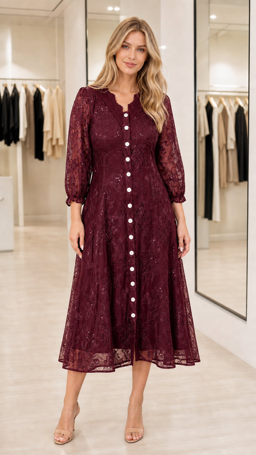 Burgundy wine floral lace sequin button-front midi dress on model