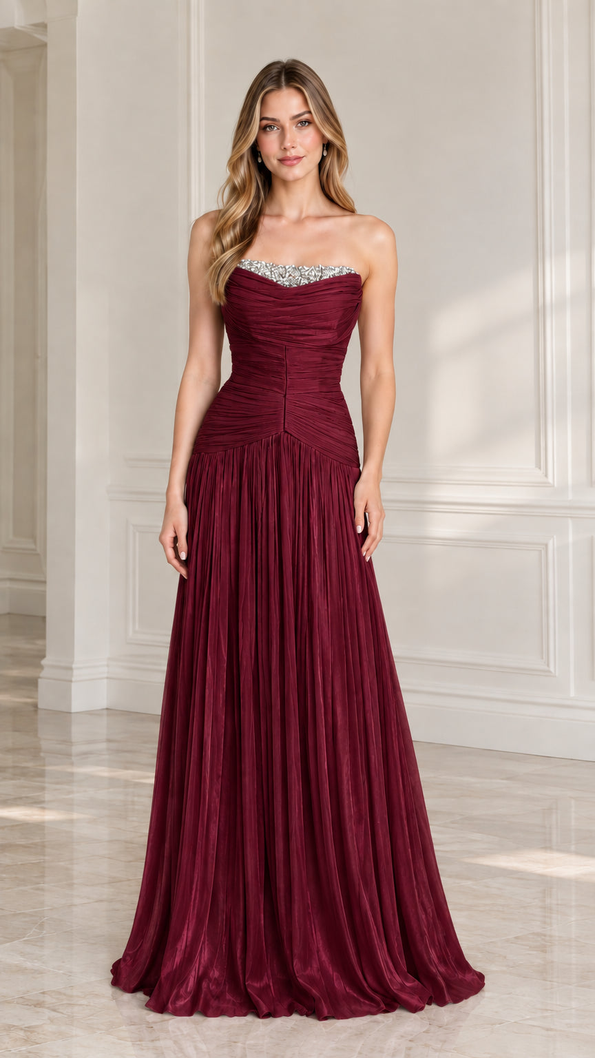 Full-length burgundy wine strapless pleated evening gown