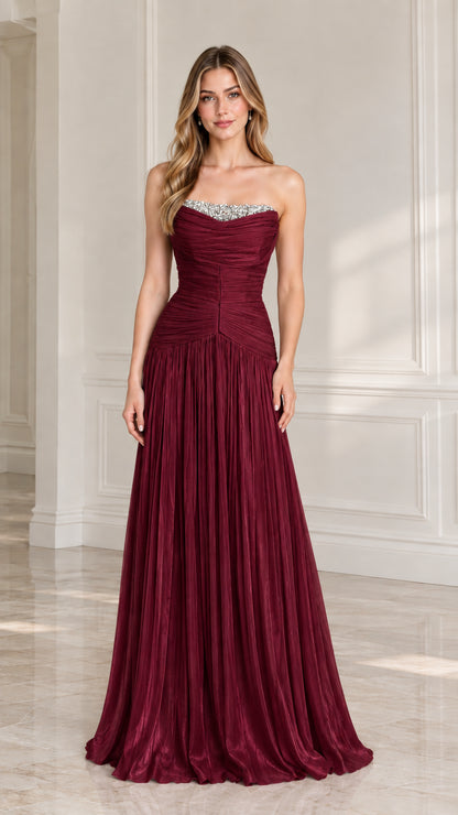 Full-length burgundy wine strapless pleated evening gown