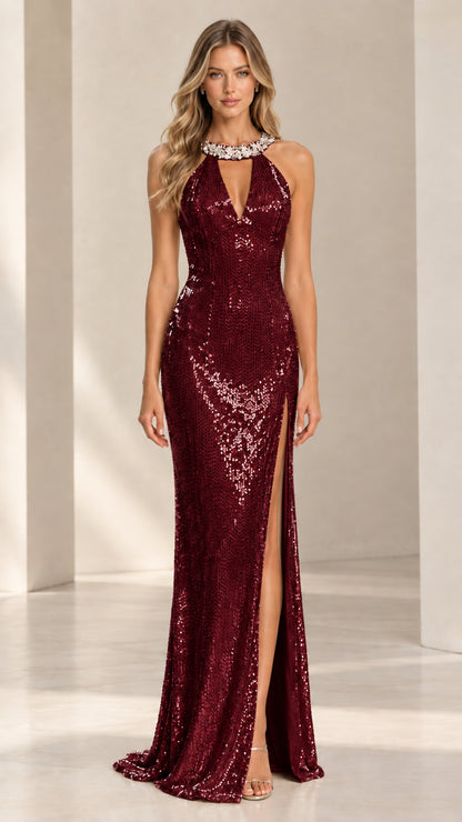 Burgundy sequined halter evening gown with crystal neckline and high slit