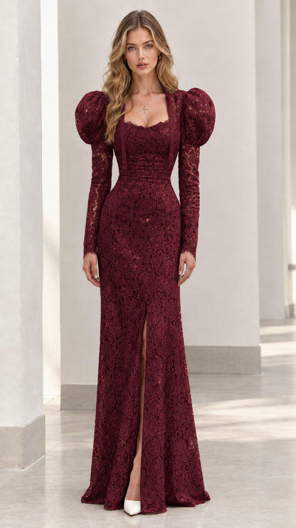 Full-length view of burgundy red lace evening gown with puff sleeves