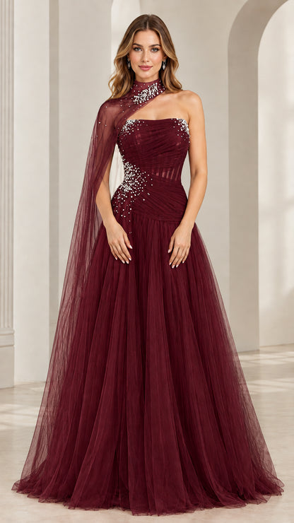Full front view of burgundy wine red beaded cape evening gown