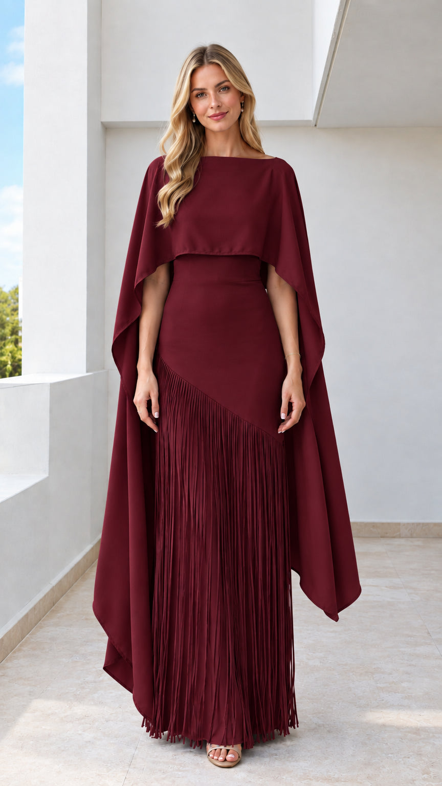 Burgundy formal evening dress with cascading cape and fringe detail