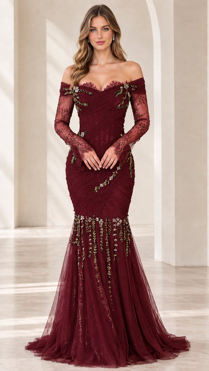 Model wearing off-the-shoulder burgundy wine lace mermaid evening dress