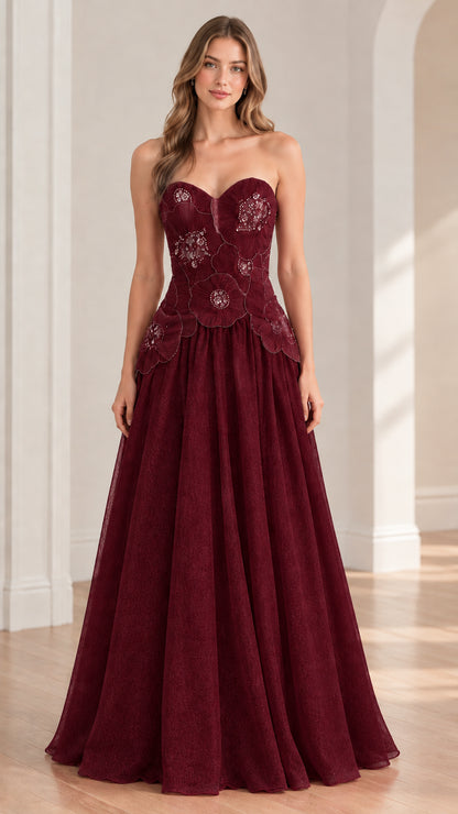 Burgundy wine red strapless basque waist corset formal dress