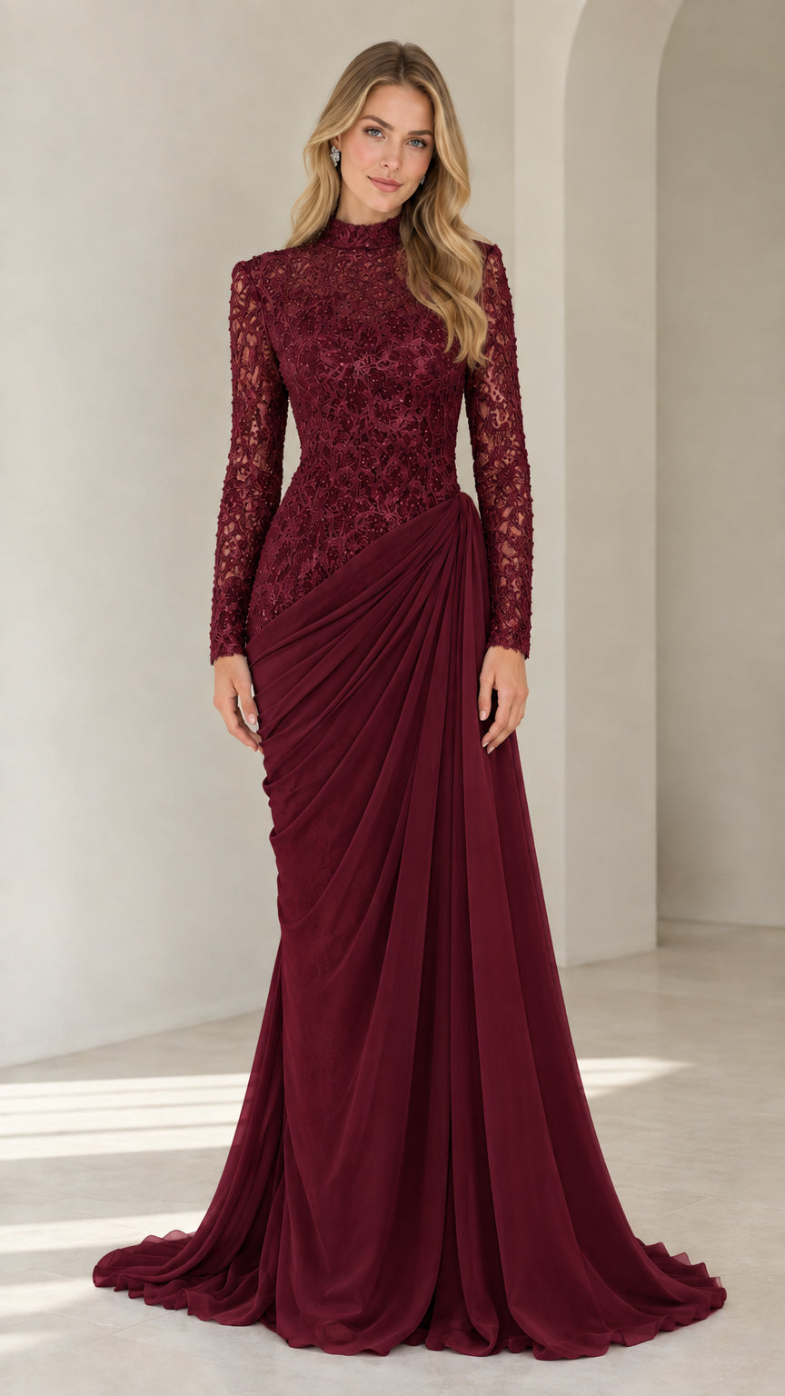 Front view of burgundy red high neck lace long sleeve draped formal gown
