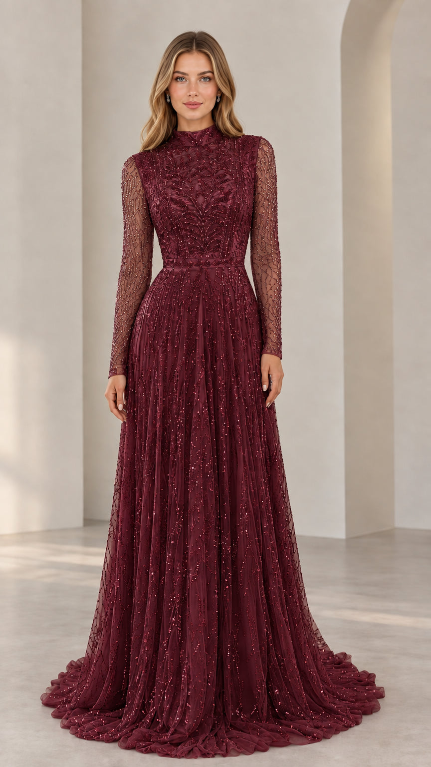 Woman wearing Burgundy high neck beaded long sleeve gala gown