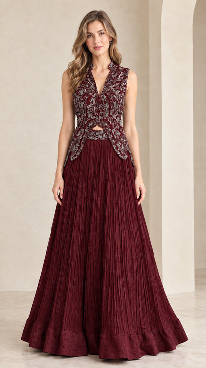 Front view of woman wearing burgundy wine embroidered sleeveless maxi gown set