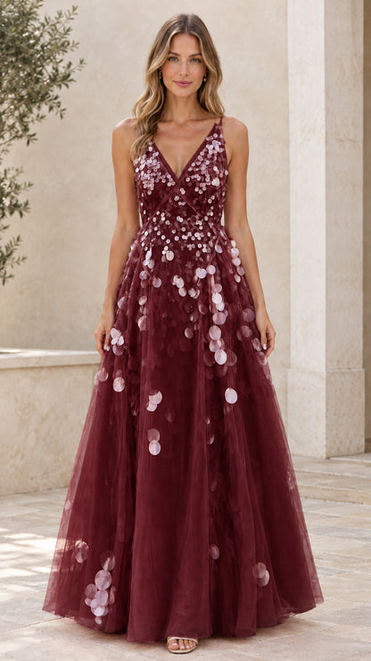 Burgundy wine red A-line tulle formal gown with floral paillettes