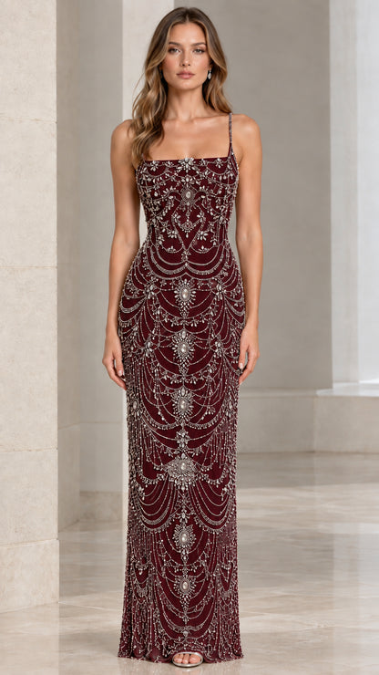 Front view of burgundy embellished column maxi formal dress