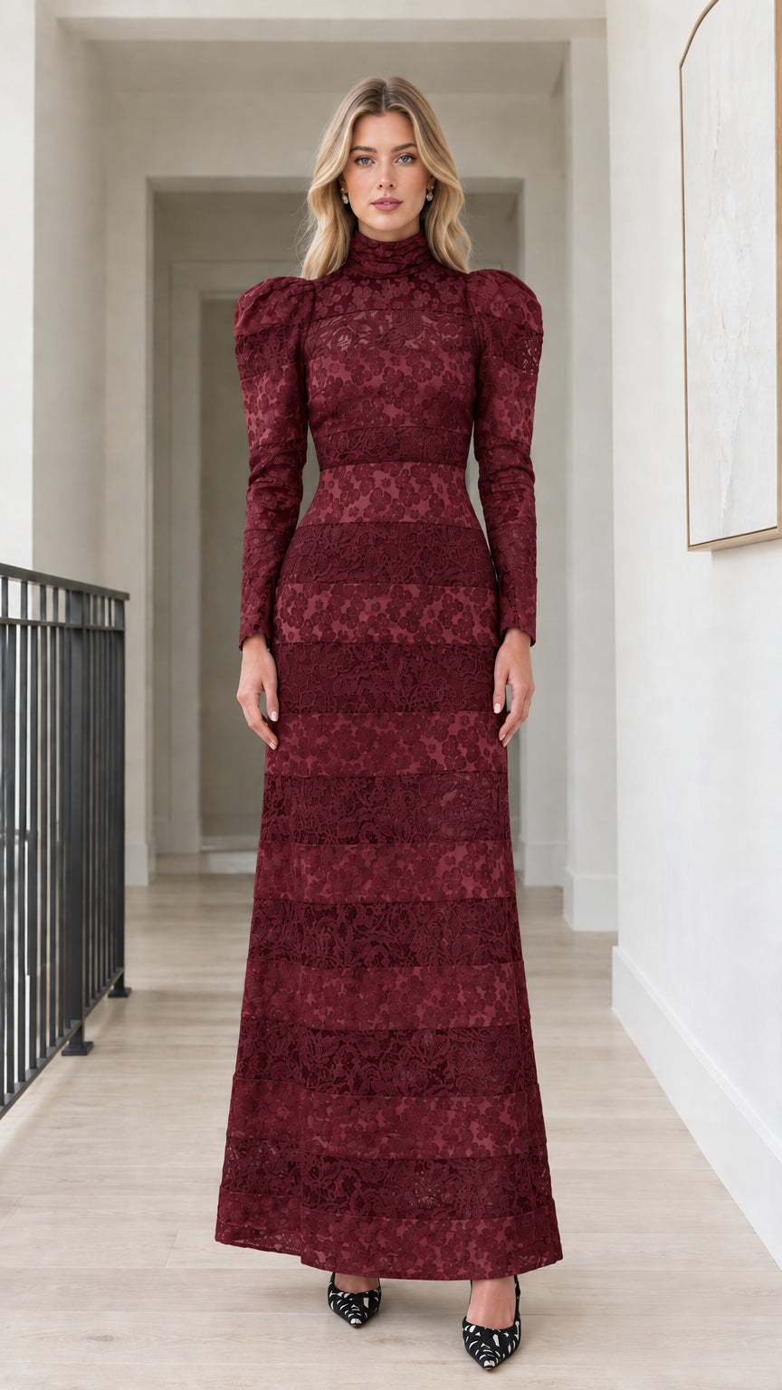 Front view of model wearing Burgundy high neck tiered lace evening gown