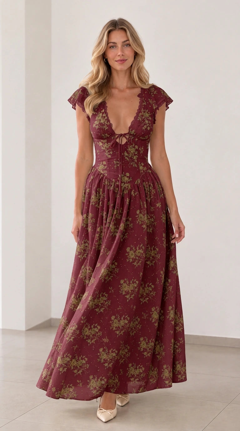 Front view of woman wearing burgundy floral plunging tie-front maxi dress