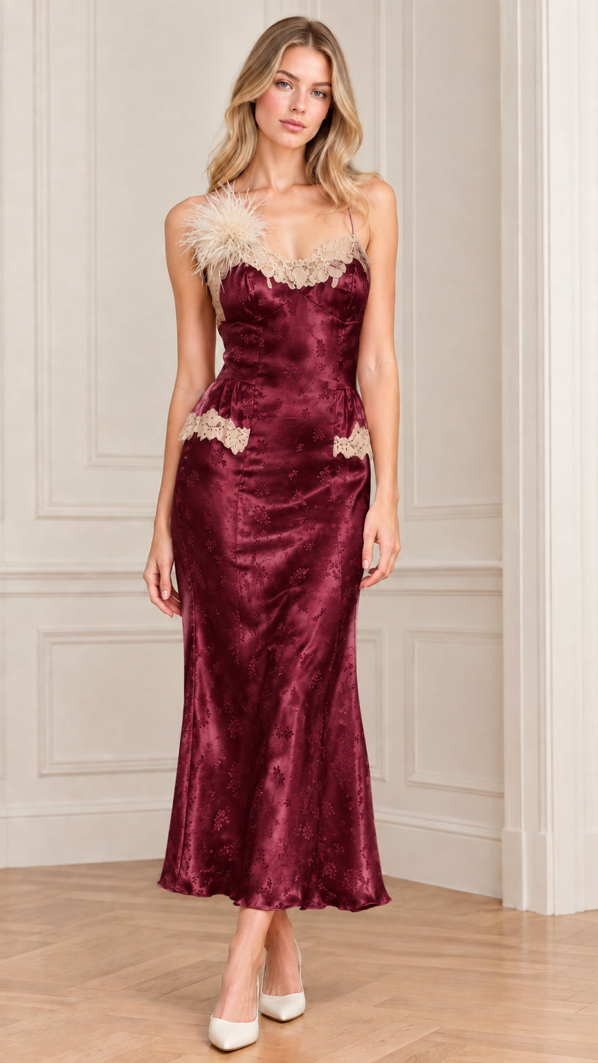 Front full-length view of woman wearing burgundy wine satin jacquard slip dress with lace trim