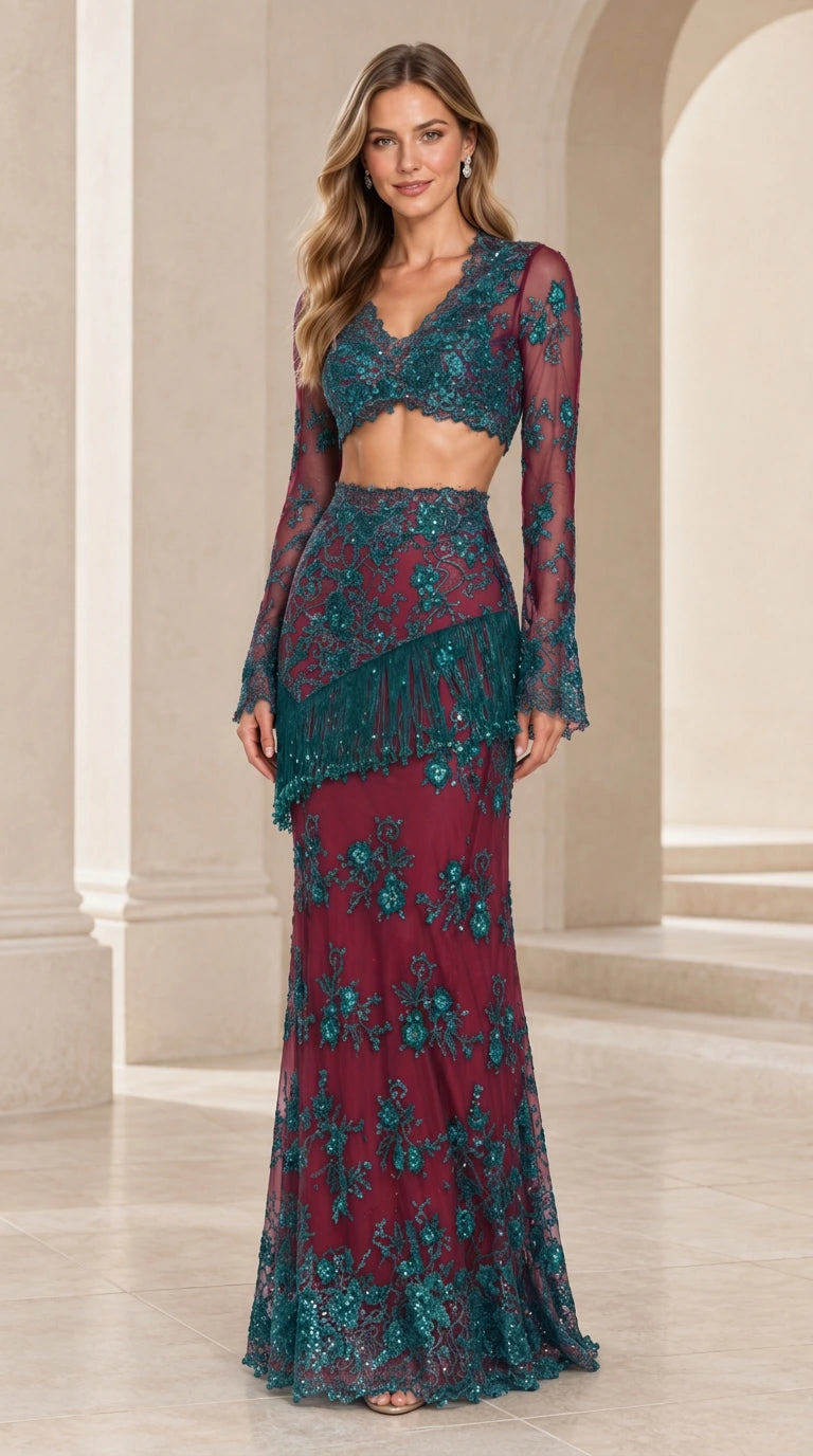 Front view of model wearing Burgundy Teal contrast two-piece formal dress set