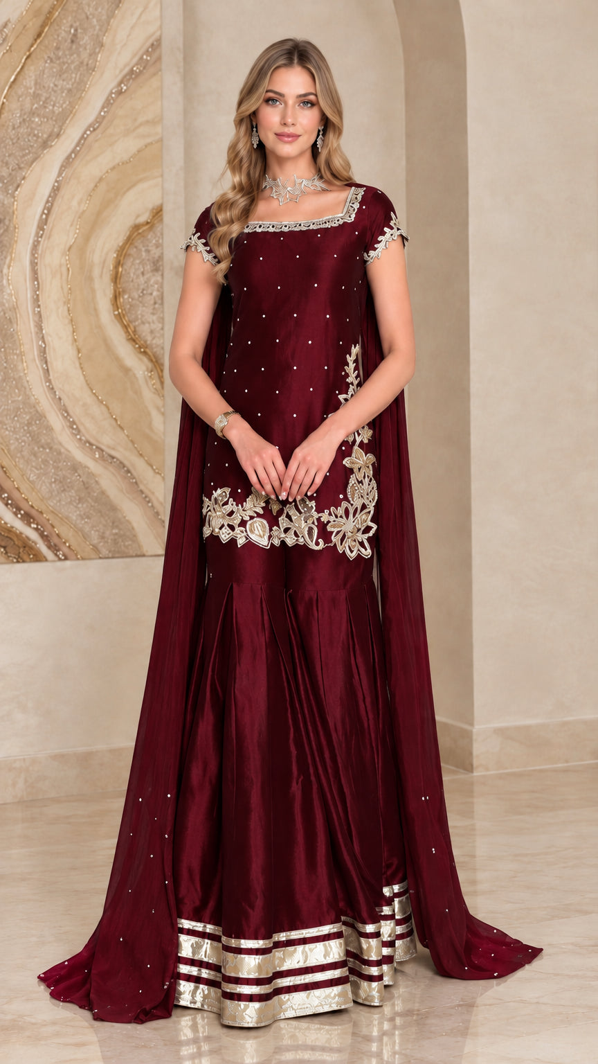 Burgundy wine embroidered cape sharara suit set for evening wear