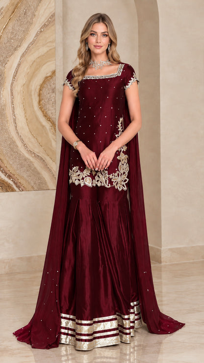Burgundy wine embroidered cape sharara suit set for evening wear
