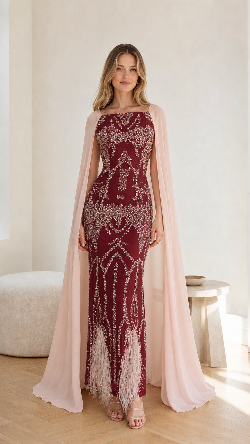 Front view of the Burgundy red sequin embroidered gown with contrast cape