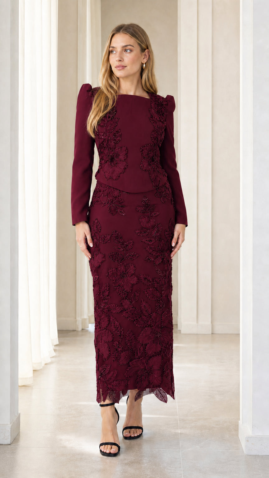 Front view of burgundy wine beaded floral lace long sleeve formal dress