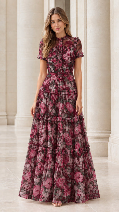 Front full view of the burgundy wine floral ruffle tiered maxi dress
