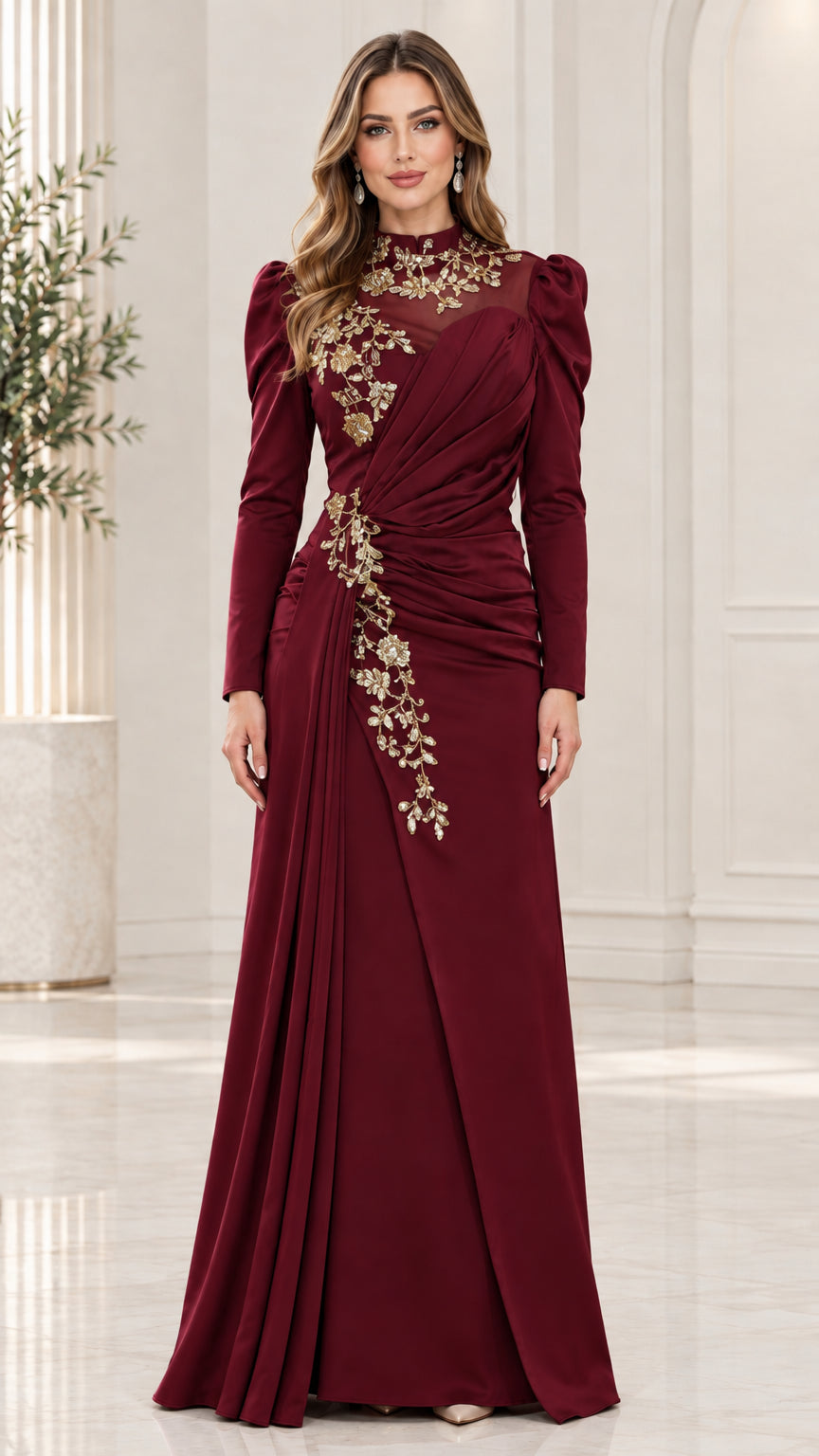 Burgundy wine red formal evening gown with gold embroidery and draped waist