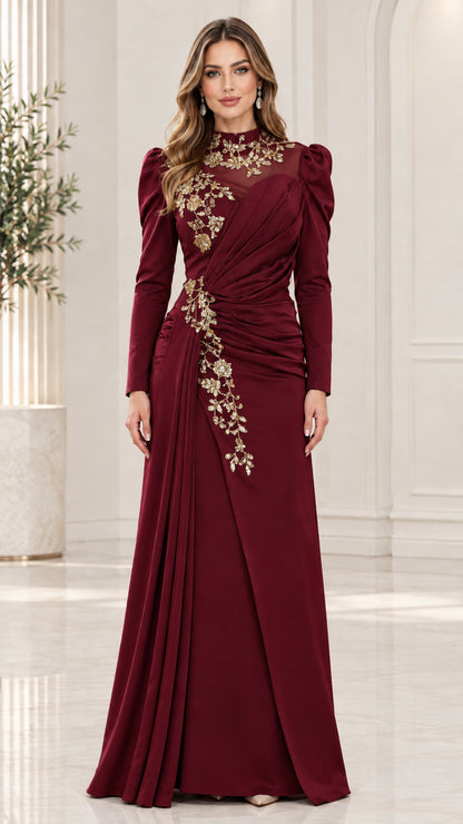 Burgundy wine red formal evening gown with gold embroidery and draped waist