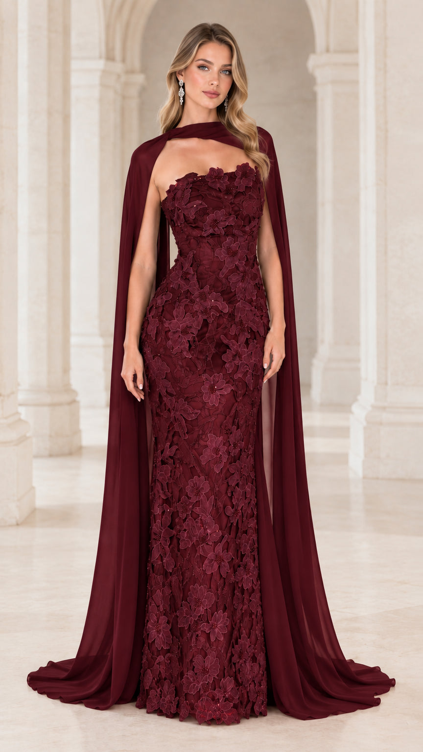 Burgundy Strapless 3D Floral Lace Evening Gown with Sheer Cape