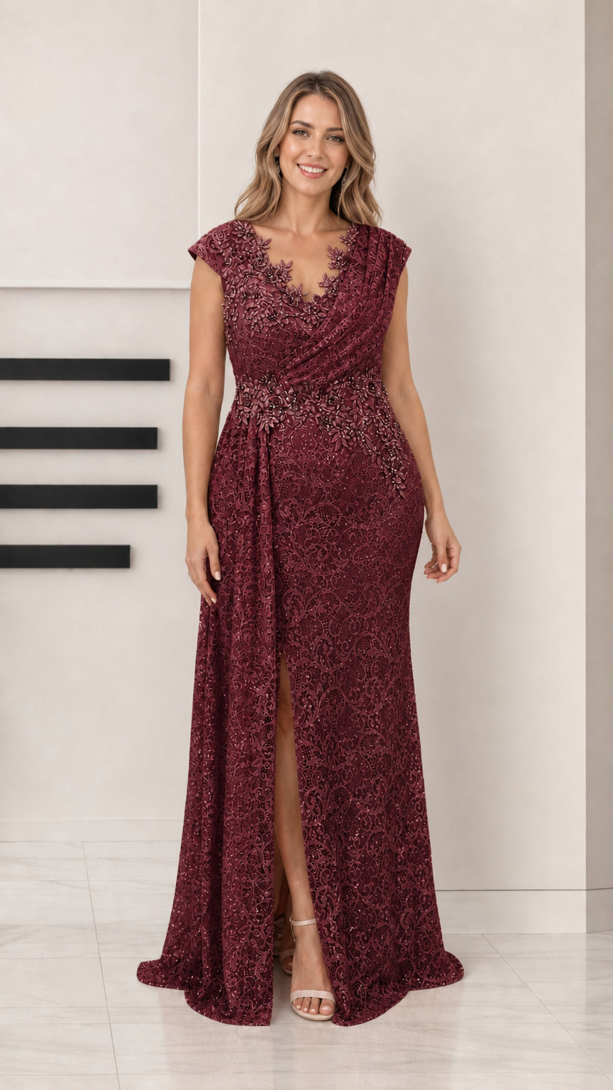 Front view of woman wearing burgundy wine sequin lace formal evening gown