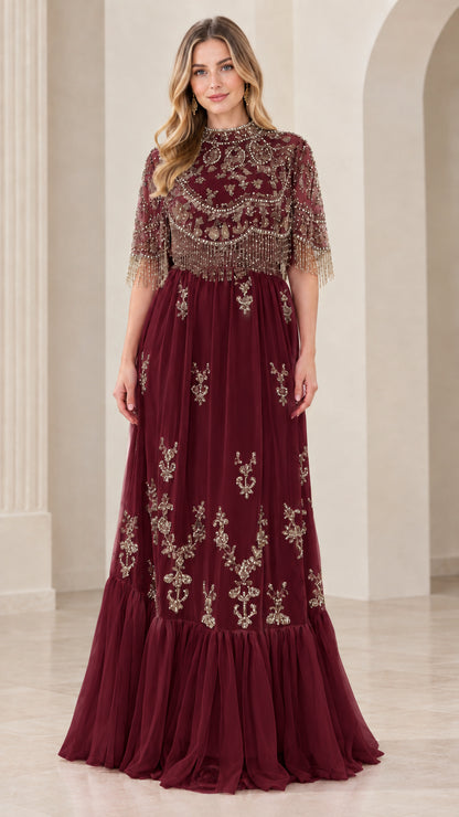 Burgundy Wine Beaded High Neck Cape Maxi Dress