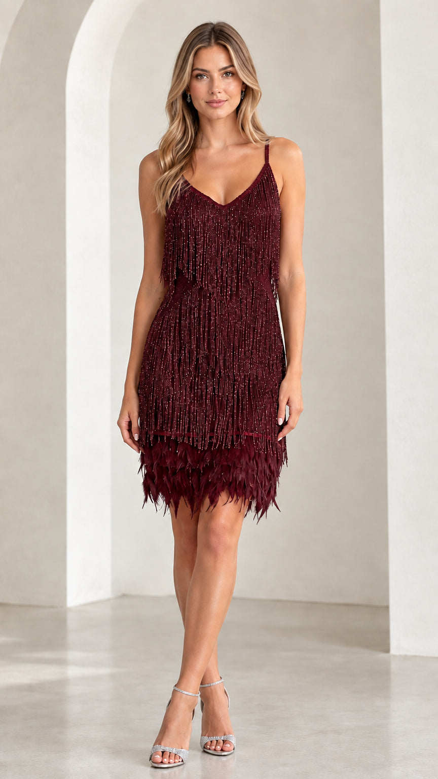 Front view of burgundy red fringe evening party dress