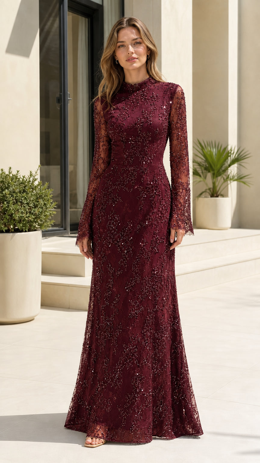 Full front view of burgundy wine red sequined lace maxi evening dress